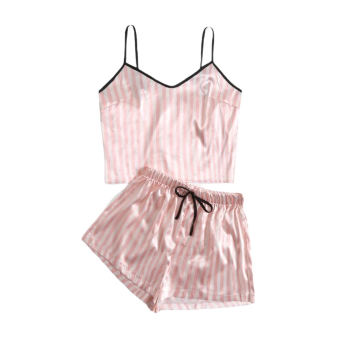 Pijama 2 Piezas Rosa Palmas Short Satinada - Sticky Bra #brasier_sin_espalda# #brasier_para_escotes# #brasier_para_vestido# #brasier_strapless# #brasier_adhesivo# #brasier_adherente# #brasier_de_silicon# #brasier_escot