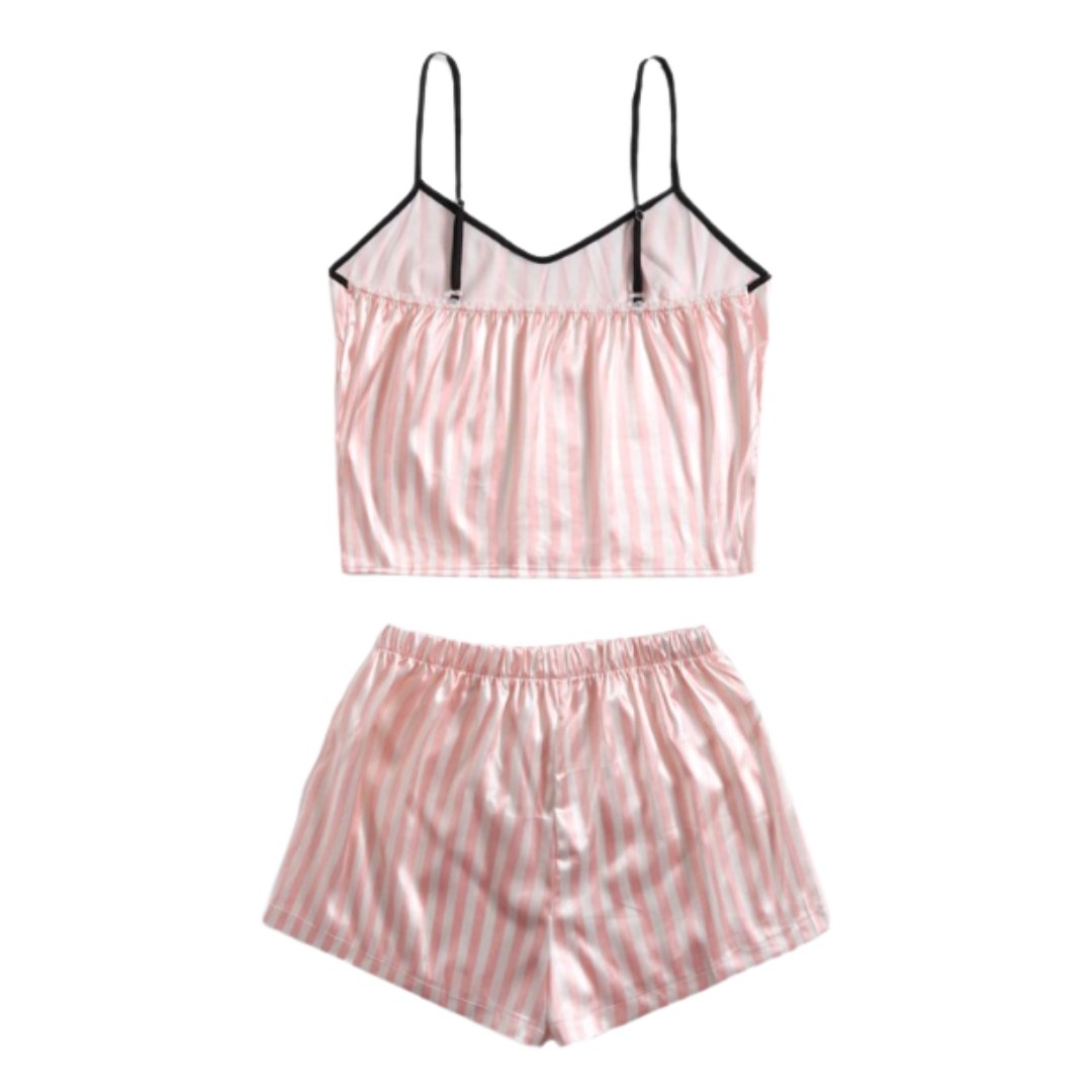 Pijama 2 Piezas Rosa Palmas Short Satinada - Sticky Bra #brasier_sin_espalda# #brasier_para_escotes# #brasier_para_vestido# #brasier_strapless# #brasier_adhesivo# #brasier_adherente# #brasier_de_silicon# #brasier_escot