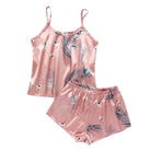 Pijama Satin Palmas Rosas 2 Piezas Short - Sticky Bra #brasier_sin_espalda# #brasier_para_escotes# #brasier_para_vestido# #brasier_strapless# #brasier_adhesivo# #brasier_adherente# #brasier_de_silicon# #brasier_escot