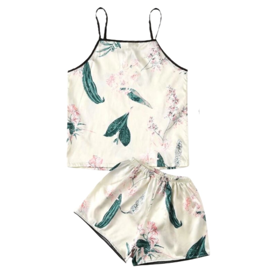 Pijama Satinada Blanca 2 Piezas Short Palmas - Sticky Bra #brasier_sin_espalda# #brasier_para_escotes# #brasier_para_vestido# #brasier_strapless# #brasier_adhesivo# #brasier_adherente# #brasier_de_silicon# #brasier_escot