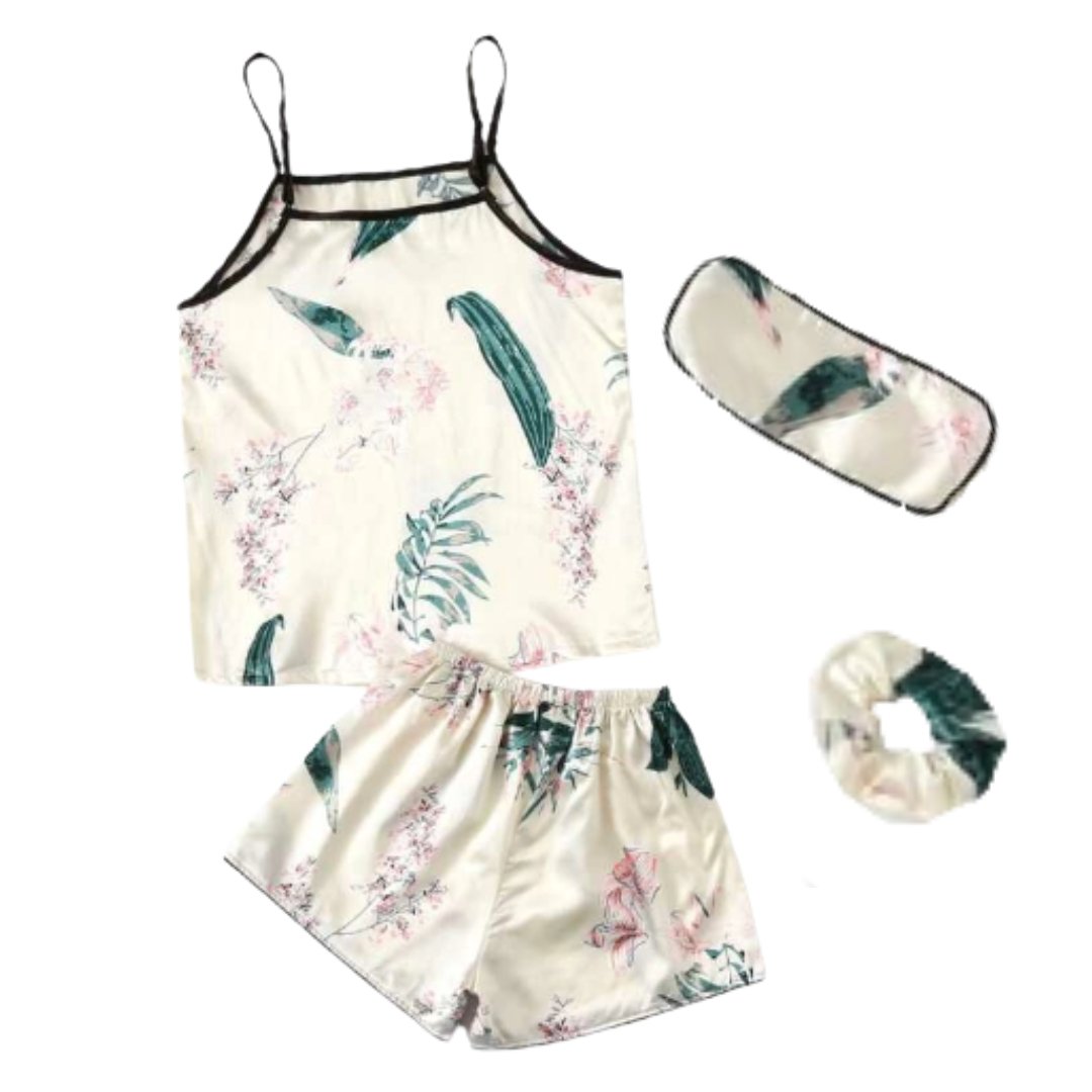 Pijama Satinada Blanca 2 Piezas Short Palmas - Sticky Bra #brasier_sin_espalda# #brasier_para_escotes# #brasier_para_vestido# #brasier_strapless# #brasier_adhesivo# #brasier_adherente# #brasier_de_silicon# #brasier_escot