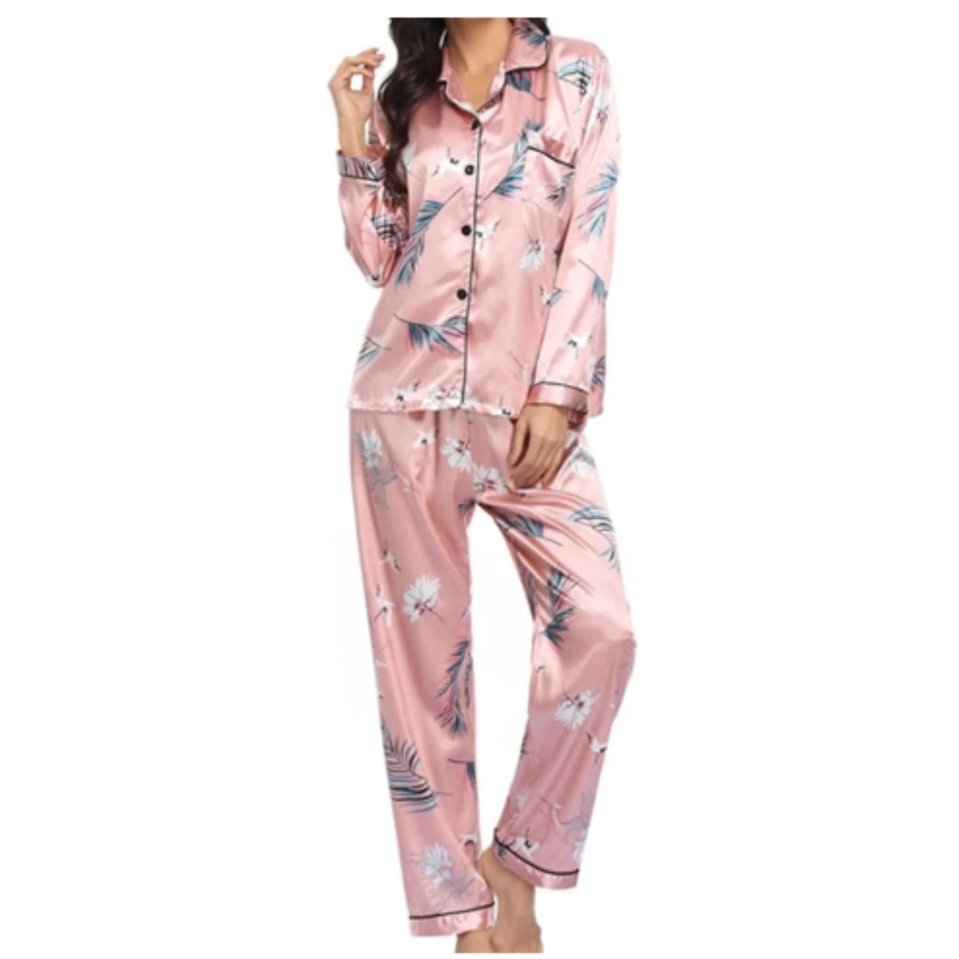 Pijama Satín Rosa Palmas 2 Piezas Pantalón - Sticky Bra #brasier_sin_espalda# #brasier_para_escotes# #brasier_para_vestido# #brasier_strapless# #brasier_adhesivo# #brasier_adherente# #brasier_de_silicon# #brasier_escot