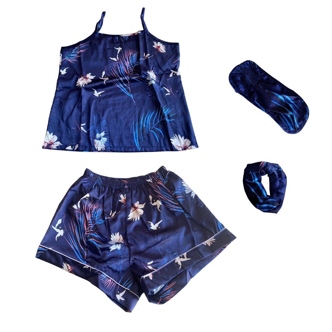 Pijama Satinada 2 Piezas Palmas Azul Short - Sticky Bra #brasier_sin_espalda# #brasier_para_escotes# #brasier_para_vestido# #brasier_strapless# #brasier_adhesivo# #brasier_adherente# #brasier_de_silicon# #brasier_escot
