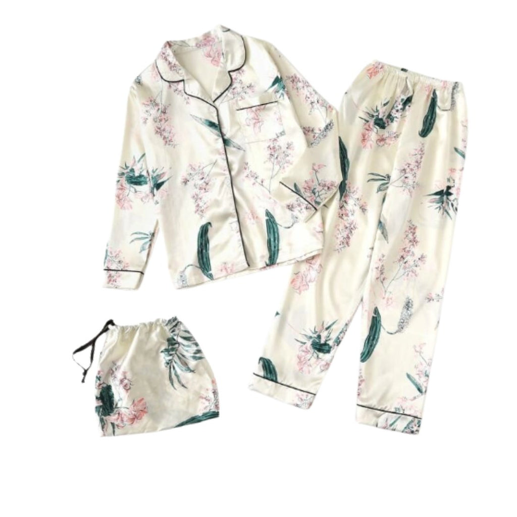 Pijama Satinada Blanca 2 Piezas Palmas Pantalón - Sticky Bra #brasier_sin_espalda# #brasier_para_escotes# #brasier_para_vestido# #brasier_strapless# #brasier_adhesivo# #brasier_adherente# #brasier_de_silicon# #brasier_escot