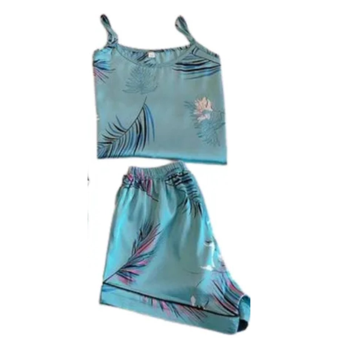 Pijama Satinada Palmas 2 Piezas Azul Turqueza Short - Sticky Bra #brasier_sin_espalda# #brasier_para_escotes# #brasier_para_vestido# #brasier_strapless# #brasier_adhesivo# #brasier_adherente# #brasier_de_silicon# #brasier_escot