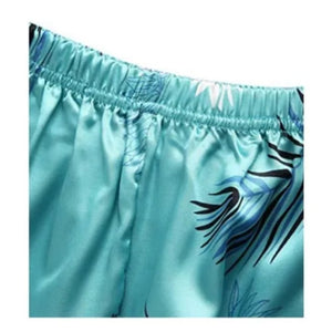 Pijama Satinada Palmas 2 Piezas Azul Turqueza Short - Sticky Bra #brasier_sin_espalda# #brasier_para_escotes# #brasier_para_vestido# #brasier_strapless# #brasier_adhesivo# #brasier_adherente# #brasier_de_silicon# #brasier_escot